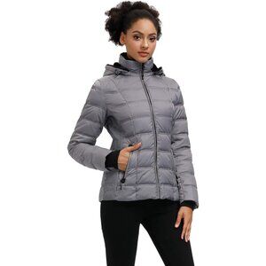π Women Grey Down Puffer Jacket Warm Winter Coat Faux-Fur Collar Hooded Comfort